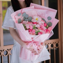 Hoa hồng sáp mix hoa Lan và hoa Lụa tông màu hồng