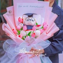 Hoa sáp Tulip hồng kèm gấu