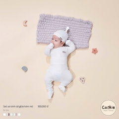 Set kèm mũ - Bộ dài tay cài giữa quần cạp cao kèm mũ sơ sinh 0-1m Cookie