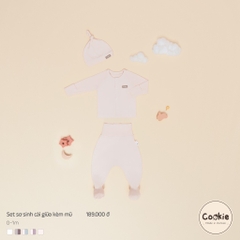 Set kèm mũ - Bộ dài tay cài giữa quần cạp cao kèm mũ sơ sinh 0-1m Cookie