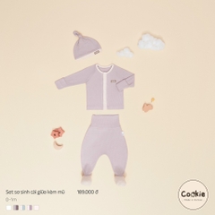Set kèm mũ - Bộ dài tay cài giữa quần cạp cao kèm mũ sơ sinh 0-1m Cookie