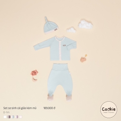 Set kèm mũ - Bộ dài tay cài giữa quần cạp cao kèm mũ sơ sinh 0-1m Cookie