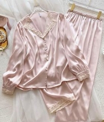 Bộ ngủ pyjamas lụa satin cao cấp hồng ren