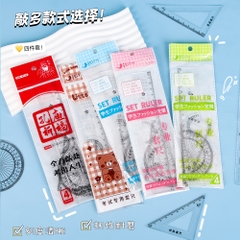 Bộ thước kẻ học sinh dễ thương bộ đồ dùng học tập ôn thi cho trẻ em tấm tam giác trong suốt bộ bốn mảnh văn phòng bán buôn