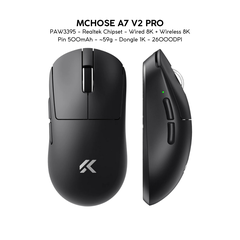 Chuột Gaming Không Dây Mchose A7 V2 Pro+/Ultra+ Đế Sạc Từ Tính, PAW 3950TI, Realtek Chipset, 42000 DPI, Dongle 8K, Siêu nhẹ 59g, Pin 500mAh
