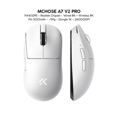 Chuột Gaming Không Dây Mchose A7 V2 Pro+/Ultra+ Đế Sạc Từ Tính, PAW 3950TI, Realtek Chipset, 42000 DPI, Dongle 8K, Siêu nhẹ 59g, Pin 500mAh