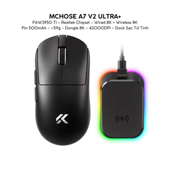 Chuột Gaming Không Dây Mchose A7 V2 Pro+/Ultra+ Đế Sạc Từ Tính, PAW 3950TI, Realtek Chipset, 42000 DPI, Dongle 8K, Siêu nhẹ 59g, Pin 500mAh