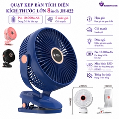 Quạt Kẹp Bàn Tích Điện Kích Thước Lớn 8inch Thiết Kế Hiện Đại Có Màn Hình LED 5 Cấp Độ Gió JH-022