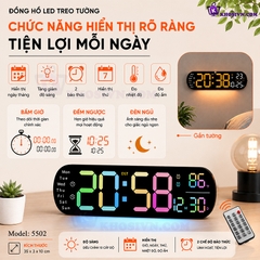 Đồng Hồ LED RGB Gắn Tường, Đồng Hồ Treo Tường Phòng Ngủ Phòng Khách Có Đèn Ngủ Báo Thức, Đếm Ngược - 5502