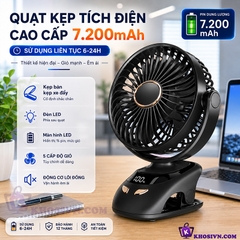 Quạt Kẹp Bàn Tích Điện Kẹp Xe Đẩy Cho Bé Sạc Pin Trâu 7.200mAh Có Đèn Màn Hình LED 5 Cấp Độ Gió - N33