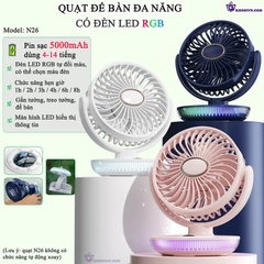 Quạt Tích Điện Để Bàn Có LED RGB 5 Cấp Độ Gió, Có Hẹn Giờ, Pin Sạc 5000mAh N26