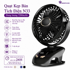 Quạt Kẹp Bàn Tích Điện Hiện Đại  Pin Trâu 7200mAh Có Màn Hình LED Và Đèn Pin 5 Cấp Độ Gió N33
