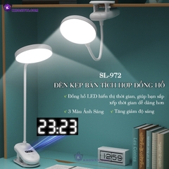 Đèn Tích Điện Kẹp Bàn Pin Sạc 2000mAh 3 Màu Ánh Sáng Tích Hợp Đồng Hồ SL-972