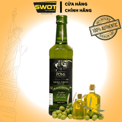 Dầu Ô-Liu PONS của Tây Ban Nha, dùng trực tiếp hoặc chế biến các món ăn: trộn salad, làm nước sốt, dùng chiên xào, làm bánh, thích hợp cho người ăn chay - SWOT