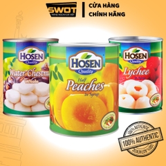 Trái cây ngâm đường Hosen Singapore nhiều vị, Đào, Vải, Cam Dứa, Thơm, Củ Năng đóng hộp thơm ngon