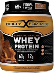 Sữa bột protein tăng cơ, phục hồi cơ vị bơ đậu phộng - sô cô la body fortress whey protein powder, chocolate peanut butter, 60g protein