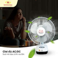 Quạt sạc tích điện Honjianda HJD FL301 - lồng quạt 12 inch, có tích hợp đèn LED hỗ trợ cúp điện