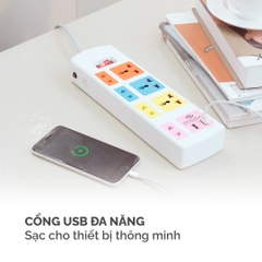 Ổ cắm điện Honjianda Mã 04 - công suất tối đa 2.500W, tích hợp cổng USB dây dài 3m, chất liệu ABS chịu nhiệt tốt