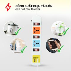 Ổ cắm điện Honjianda Mã 07  - công suất tối đa 3.300W, tích hợp cổng USB dây dài 3m, chất liệu ABS chịu nhiệt tốtH