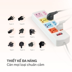 Ổ cắm điện Honjianda Mã 04 - công suất tối đa 2.500W, tích hợp cổng USB dây dài 3m, chất liệu ABS chịu nhiệt tốt