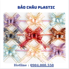 [Set 10 chiếc] Nơ Rút Cánh Bướm BEST WISHES, Voan Lụa Viền Vàng, Trang Trí Hộp Quà
