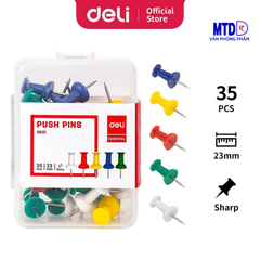 Ghim giấy  mũ nhựa màu  Deli 0021 - Đinh dù nhựa màu dùng ghim bảng nỉ [Hộp 35 cái]
