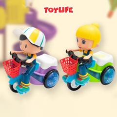 Đồ chơi em bé lái xe đạp 3 bánh quay 360 độ có đèn nhạc vui nhộn cho bé đồ chơi shipper bé trai đi xe xích lô biểu diễn