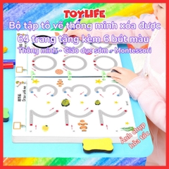 Bộ tập tô vẽ thông minh xóa được 64 trang tặng kèm 6 bút màu sách tập viết theo nét học liệu montessori cho bé