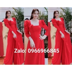 Áo dài trơn cổ vuông tay bồng đính hoa trên ngực trẻ trung - Áo Dài Đan Linh