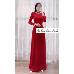 Áo dài trơn đính ngọc cao cấp màu đỏ tay phồng - Áo Dài Đan Linh