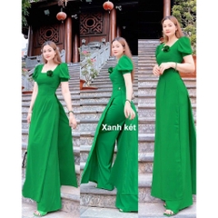Áo dài trơn cổ vuông tay bồng đính hoa trên ngực trẻ trung - Áo Dài Đan Linh