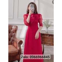 Áo dài vơn tơ 4 tà đính nơ, áo dài cách tân, áo dài dáng lỡ, sẵn hàng 2 màu hồng và đỏ