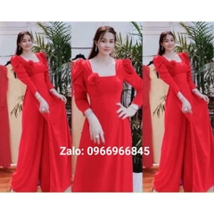 Áo dài màu hồng đà lạt cổ vuông có đính hoa xinh trên ngực - Áo Dài Đan Linh