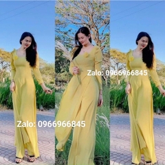 Áo dài màu hồng đà lạt cổ vuông có đính hoa xinh trên ngực - Áo Dài Đan Linh