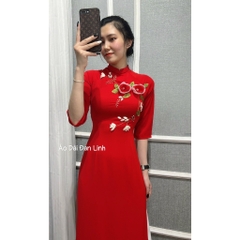 Áo dài đỏ đính hoa ruy băng, vải lụa mềm mịn có giãn - Áo Dài Đan Linh