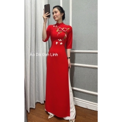 Áo dài đỏ đính hoa ruy băng, vải lụa mềm mịn có giãn - Áo Dài Đan Linh