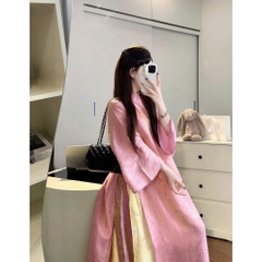 Áo dài màu hồng suông 4 tà vải tằm nha xá cao cấp - Áo Dài Linh Đan