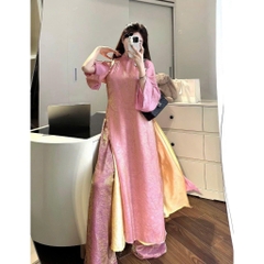 Áo dài màu hồng suông 4 tà vải tằm nha xá cao cấp - Áo Dài Linh Đan