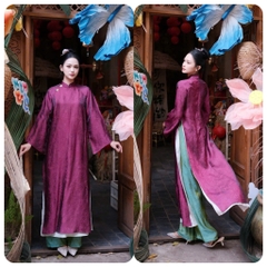 Áo dài màu tímsuông 4 tà vải tằm nha xá cao cấp - Áo Dài Linh Đan