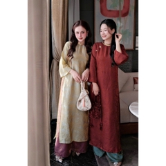 Áo Dài Cách Tân Tết Vải Lụa Tằm Óng Phối Quần Suông - Áo Dài Linh Đan
