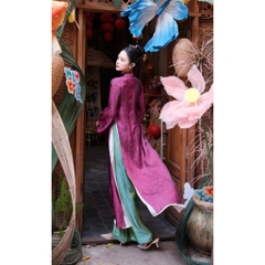 Áo dài màu tímsuông 4 tà vải tằm nha xá cao cấp - Áo Dài Linh Đan