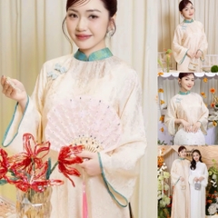 Áo dài suông 4 tà màu trắng phối cổ trẻ trung sang trọng vải lụa tằm cao cấp - Áo Dài Linh Đan