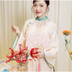 Áo dài suông 4 tà màu trắng phối cổ trẻ trung sang trọng vải lụa tằm cao cấp - Áo Dài Linh Đan