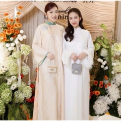 Áo dài suông 4 tà màu trắng phối cổ trẻ trung sang trọng vải lụa tằm cao cấp - Áo Dài Linh Đan