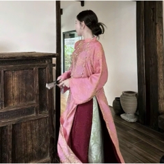 Áo dài suông 4 tà màu hồng trẻ trung, sang trọng vải lụa tằm nha xá cao cấp - Áo Dài Linh Đan