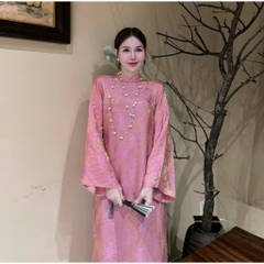 Áo dài suông 4 tà màu hồng trẻ trung, sang trọng vải lụa tằm nha xá cao cấp - Áo Dài Linh Đan