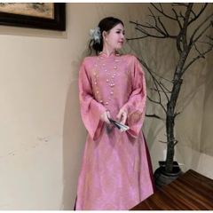 Áo dài suông 4 tà màu hồng trẻ trung, sang trọng vải lụa tằm nha xá cao cấp - Áo Dài Linh Đan