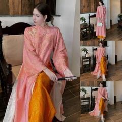 Áo dài suông 4 tà màu hồng phối quần cam trẻ trung sang trọng vải tằm nha xá cao cấp - Áo Dài Linh Đan