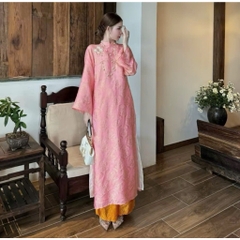 Áo dài suông 4 tà màu hồng phối quần cam trẻ trung sang trọng vải tằm nha xá cao cấp - Áo Dài Linh Đan