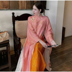 Áo dài suông 4 tà màu hồng phối quần cam trẻ trung sang trọng vải tằm nha xá cao cấp - Áo Dài Linh Đan